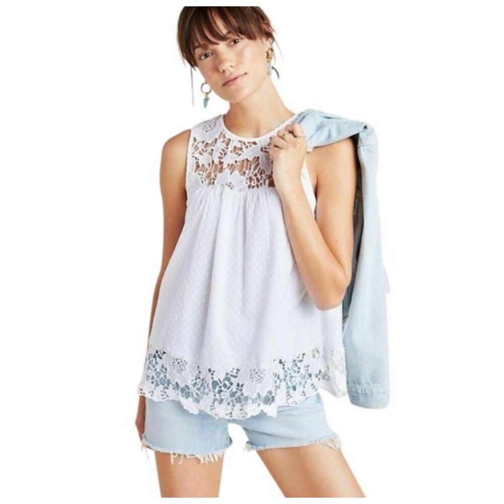 Anthropologie Aeliana Summer Lace Blouse XS White Cotton Swiss Dot Sleeveless